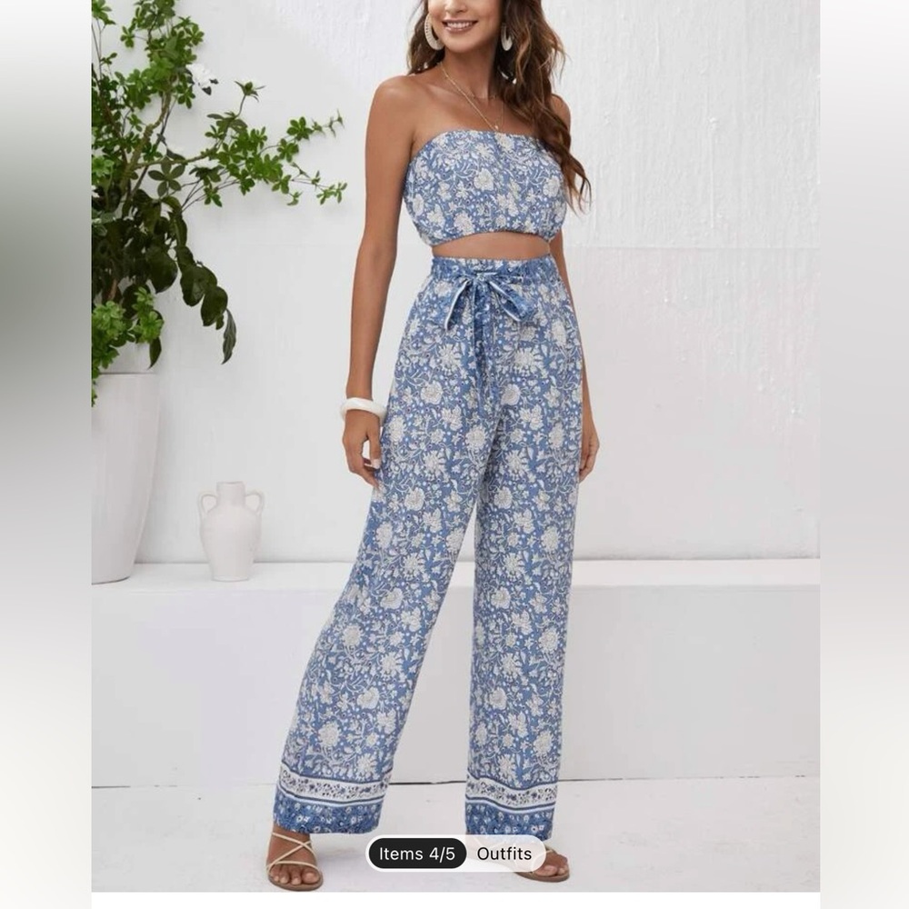 SHEIN Allover floral print crop tube top & belted palazzo pants set